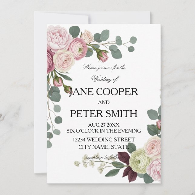 Invitación Pink and white roses Budget Wedding Invitation (Anverso)