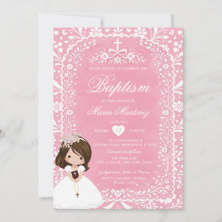 Invitación Pink and White Talavera Girl Baptism Papel Picado