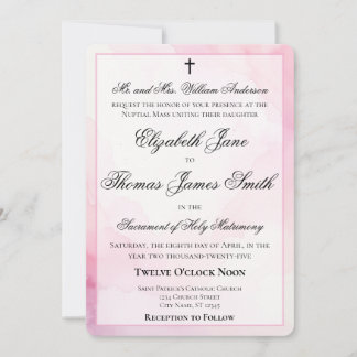 Invitación Pink and White Watercolor Catholic Wedding
