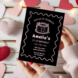 Invitación Pink and white Wavy Birthday hand drawn cake