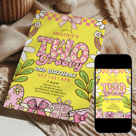 Invitación Pink and Yellow Daisy 2nd Birthday Retro Birthday