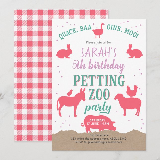 Invitación Pink, animales de granja, Chica, cumpleaños del zo (Anverso / Reverso)