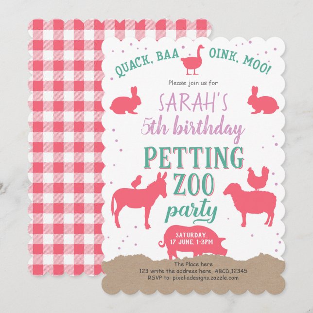 Invitación Pink, animales de granja, cumpleaños Chica, zoológ (Anverso / Reverso)