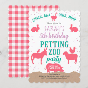 Invitación Pink, animales de granja, cumpleaños Chica, zoológ