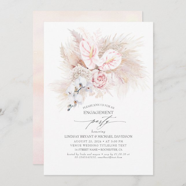 Invitación Pink Anthurium y Pampas Grass Engagement Party (Anverso / Reverso)
