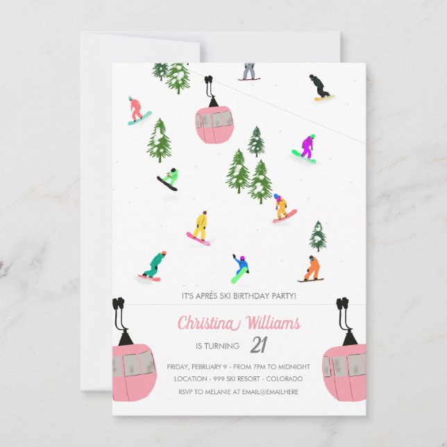 Invitación Pink Aprés Snowboard Snowboard Cumpleaños (Anverso)