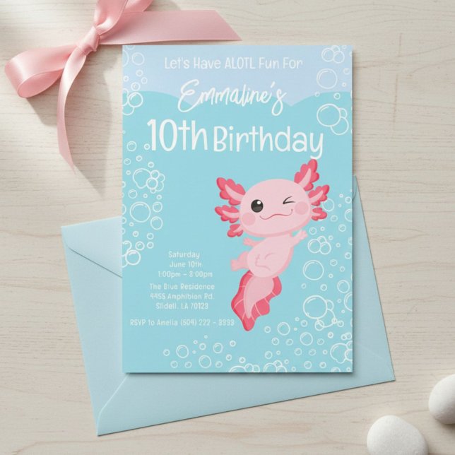 Invitación Pink Aqua Axolotl 10th Birthday Party (Subido por el creador)