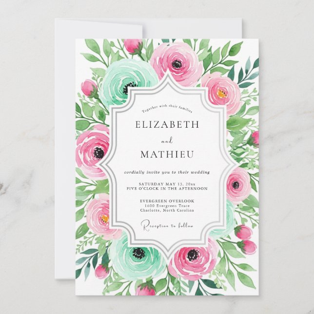 Invitación Pink Aqua Ethereal Floral Wedding (Anverso)
