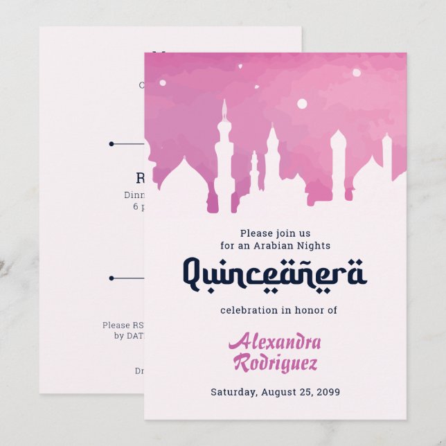 Invitación Pink Arabian Nights Watercolor Quinceañera (Anverso / Reverso)