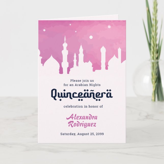 Invitación Pink Arabian Nights Watercolor Quinceañera (Anverso)