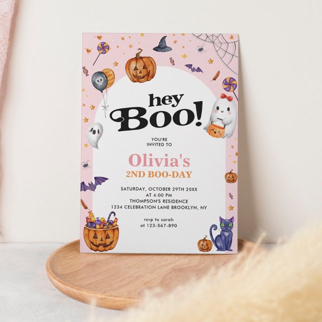 Invitación Pink Arco Cuto Hey Boo Niños Halloween Cumpleaños (Subido por el creador)