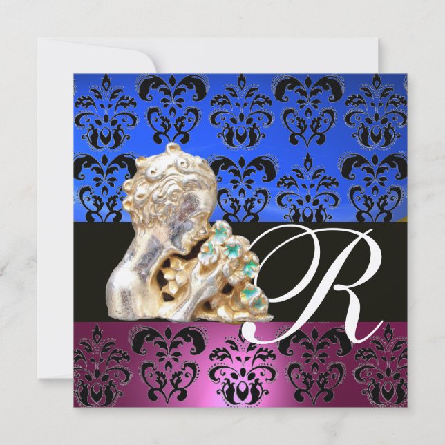 INVITACIÓN PINK, AZUL, NEGRO, PURPLE, DAMASK JEWEL MONOGRAM (Anverso)