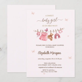 Invitación Pink Baby Girl Clothesline Baby Shower
