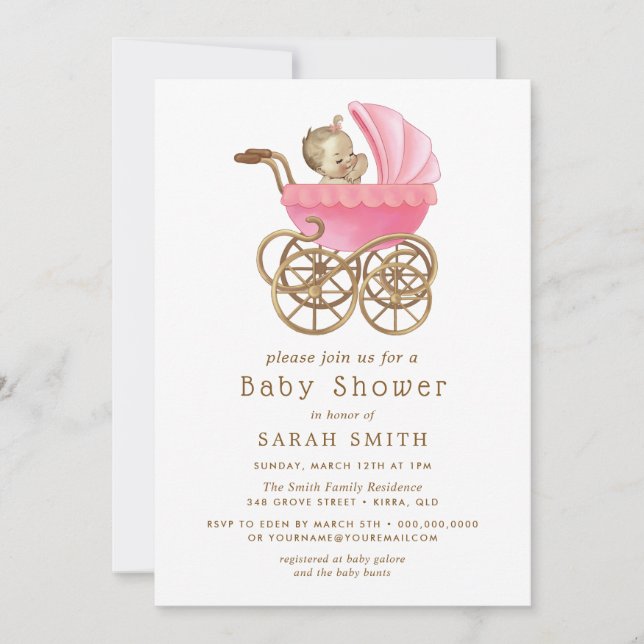 Invitación Pink Baby Girl Pram Stoller Baby Shower (Anverso)