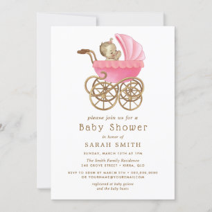 Invitación Pink Baby Girl Pram Stoller Baby Shower