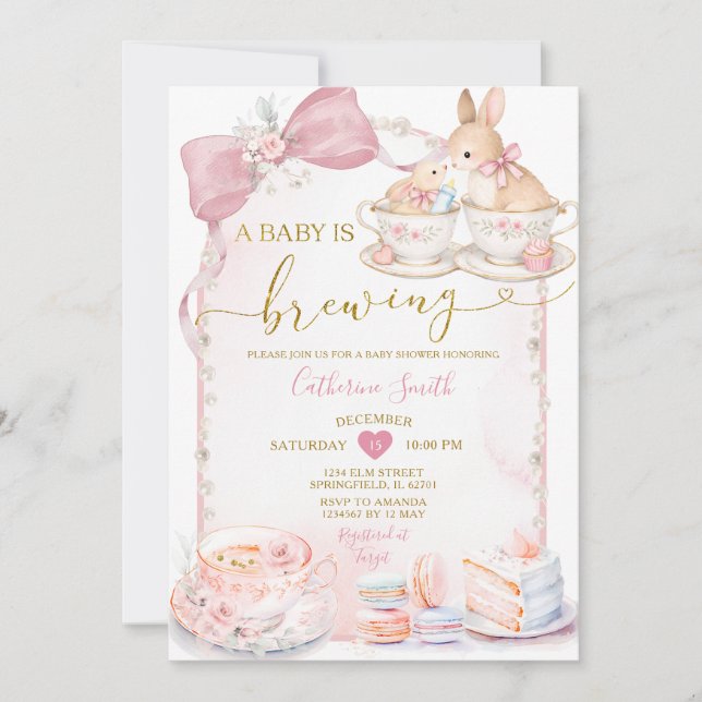 Invitación Pink Baby Is Brewing Bunny Tea Party Baby Shower (Anverso)