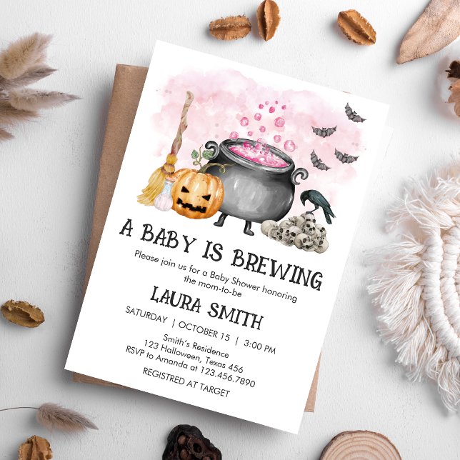 Invitación Pink Baby is Brewing Halloween Baby Shower (Pink Baby is Brewing Halloween Baby Shower Invitation)