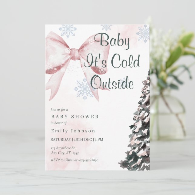 Invitación Pink Baby It's Cold Outside Bow Girl Baby Shower (Anverso de pie)