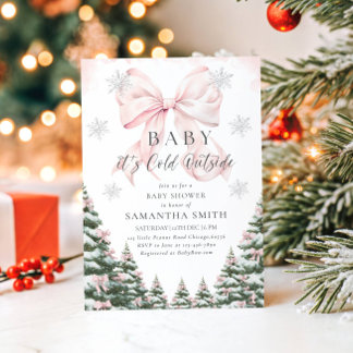 Invitación Pink Baby It's Cold Outside Bow Girl Baby Shower