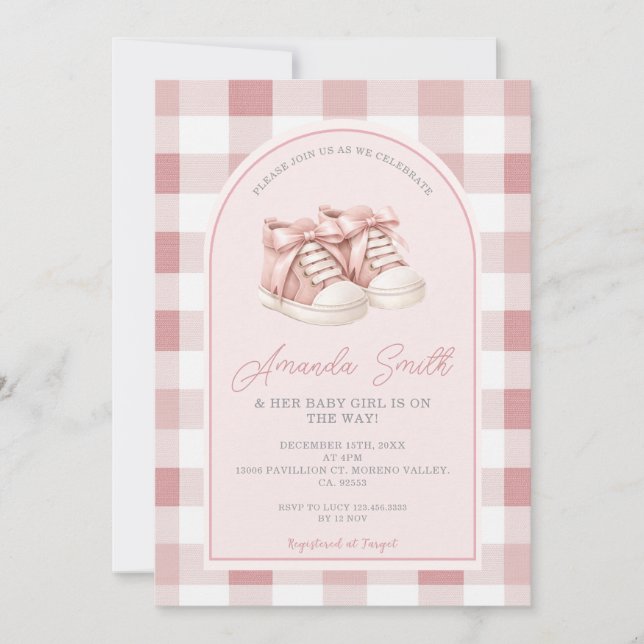 Invitación Pink Baby Shoes Gingham Girl Baby Shower (Anverso)