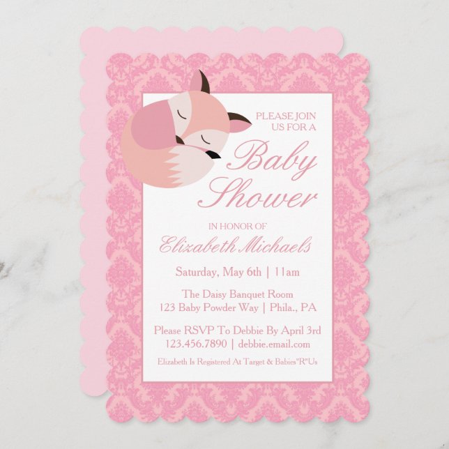 Invitación Pink Baby Shower Fox (Anverso / Reverso)