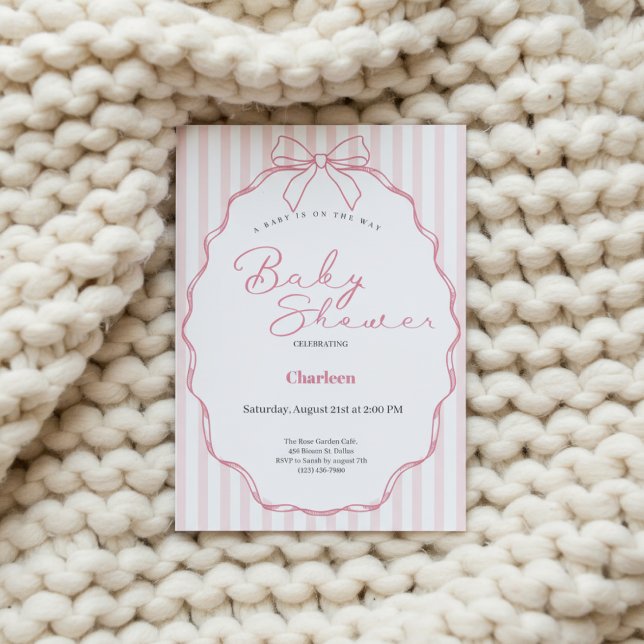 Invitación Pink Baby Shower Invite with Bow and Stripes (Pink baby shower invitation on knit blanket with ribbon and baby bootie.)
