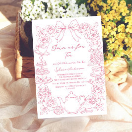 Invitación pink baby shower tea bow Hand Drawn coquette