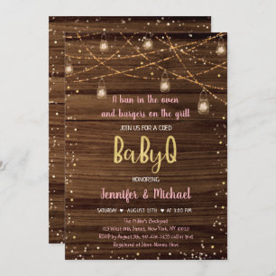 Invitación Pink BabyQ Rustic String Lights BBQ Baby Shower