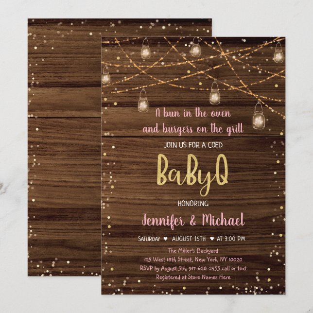Invitación Pink BabyQ Rustic String Lights BQ Baby Shower (Anverso / Reverso)