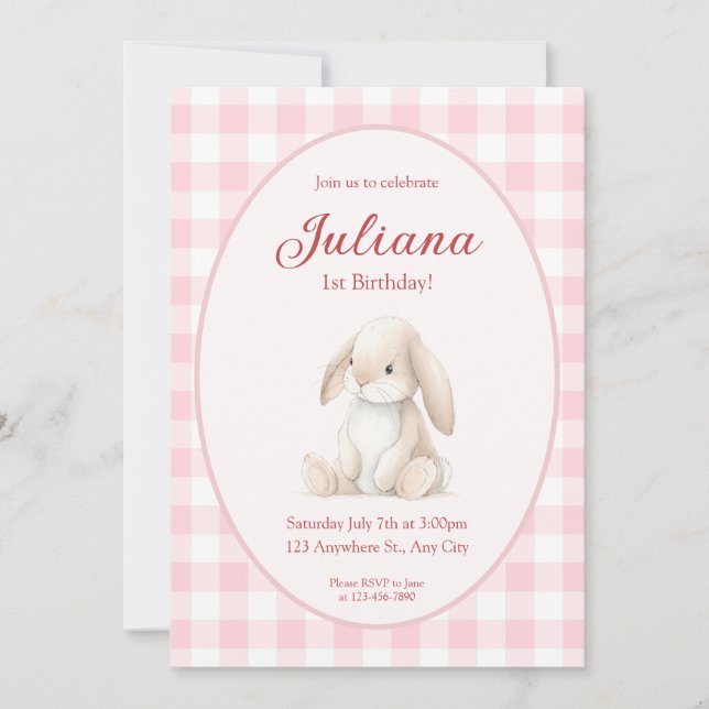 Invitación Pink Babys First Birthday Bunny Invitation (Anverso)