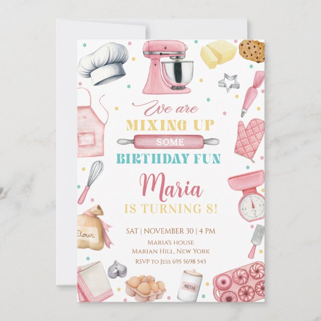 Invitación Pink Baking Girl Chef Cake Birthday (Anverso)