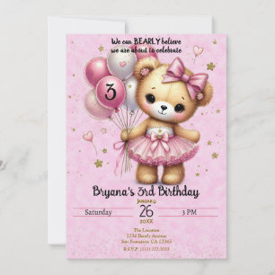 Invitación Pink Ballerina Bear Purpurina Balloon Fiesta de Cu