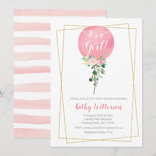 Invitación Pink Ballon es una ducha de bebé chica (Anverso / Reverso)