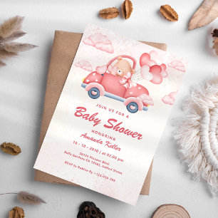 Invitación Pink Ballons Bear Cute Baby Shower