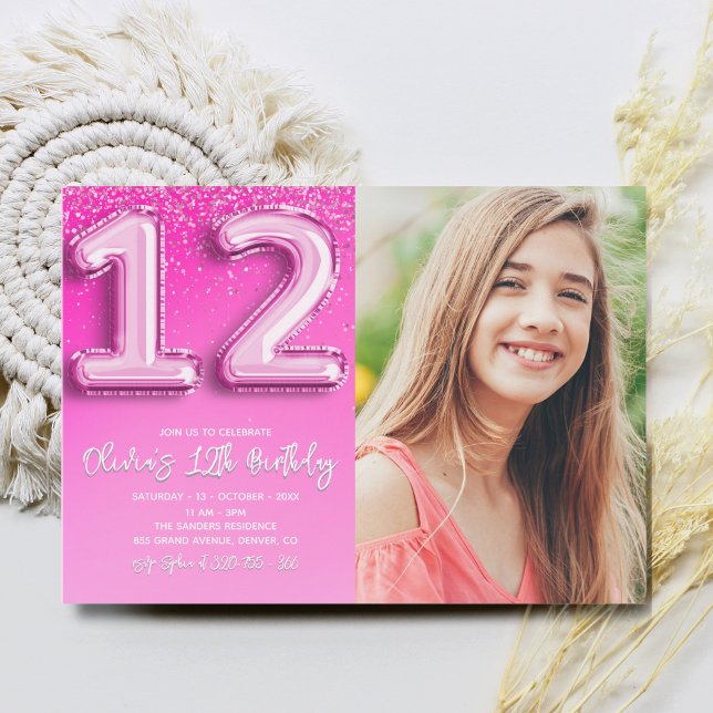 Invitación Pink Balloon Number 12 Girl's Birthday with Photo  (Subido por el creador)