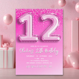 Invitación Pink Balloon Numbers 12th Birthday for Girl