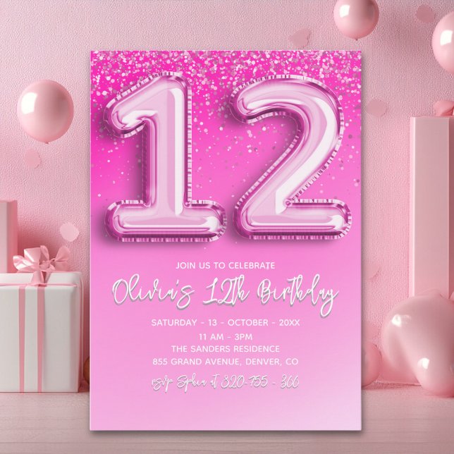 Invitación Pink Balloon Numbers 12th Birthday for Girl (Subido por el creador)