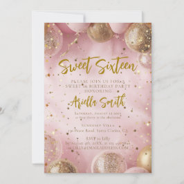 Invitación Pink balloons sweet 16 gold confetti