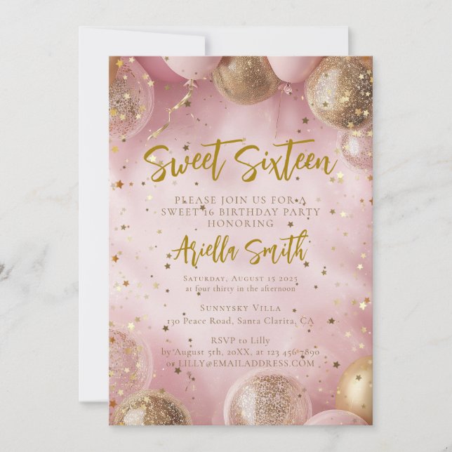 Invitación Pink balloons sweet 16 gold confetti (Anverso)
