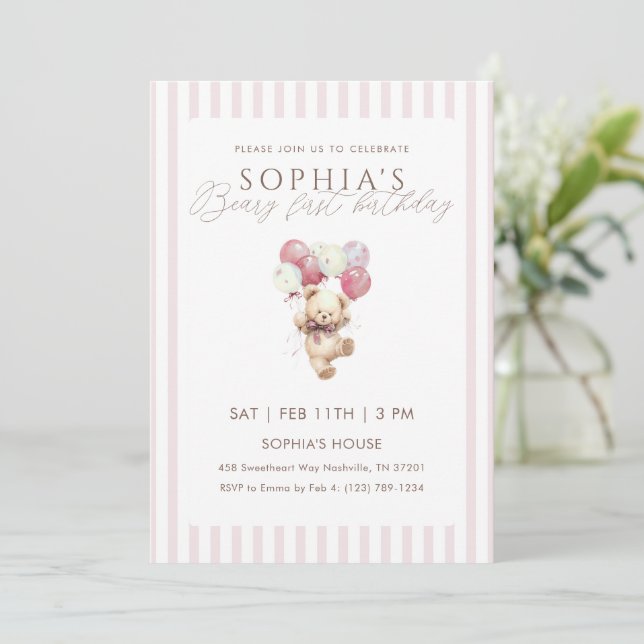 Invitación Pink Balloons Teddy Bear 1st Birthday (Anverso de pie)