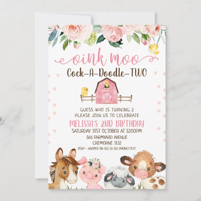 Invitación Pink Barn Cock-a-Doodle-DOS Animal Birday (Anverso)