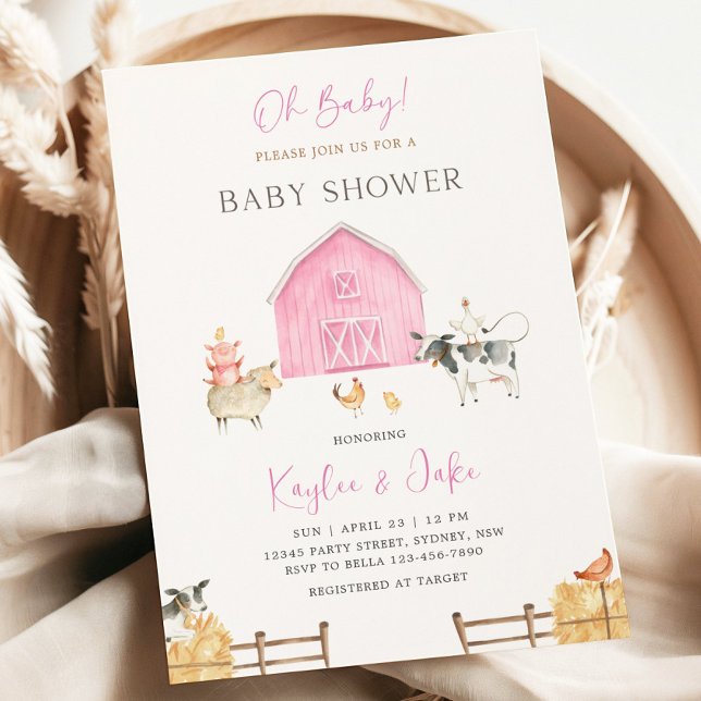 Invitación Pink Barn Farm Animals Oh Baby Girl Baby Shower (Subido por el creador)