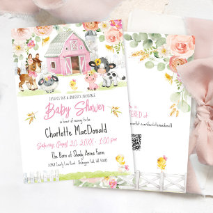 Invitación Pink Barn Farm Barnyard Animales Floral Baby Showe