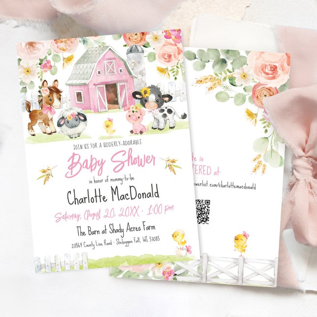 Invitación Pink Barn Farm Barnyard Animales Floral Baby Showe (Udderly adorable watercolor floral pink barn farm animals cow chick sunflower bows baby girl shower)