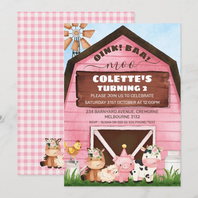 Invitación Pink Barn Oink Baa Moo Farm Animales Cumpleaños (Anverso / Reverso)