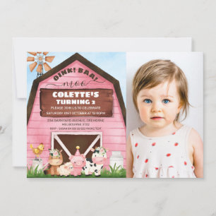 Invitación Pink Barn Oink Baa Moo Farm Animales Foto Cumpleañ