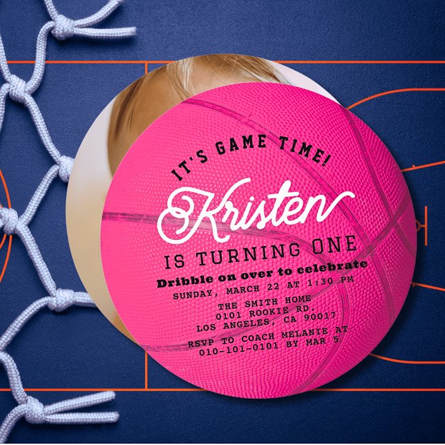 Invitación Pink Basketball Girl Photo 1st Birthday Circle (Subido por el creador)