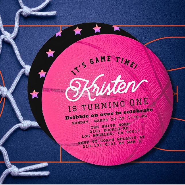 Invitación Pink Basketball Shape Girl 1st Birthday Circle (Subido por el creador)