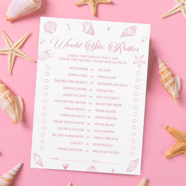 Invitación Pink Beach Baby Shower Would She Rather Game Card (Subido por el creador)