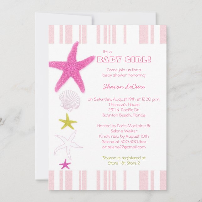 Invitación Pink Beach Starfish Strips Baby Girl Baby Shower (Anverso)
